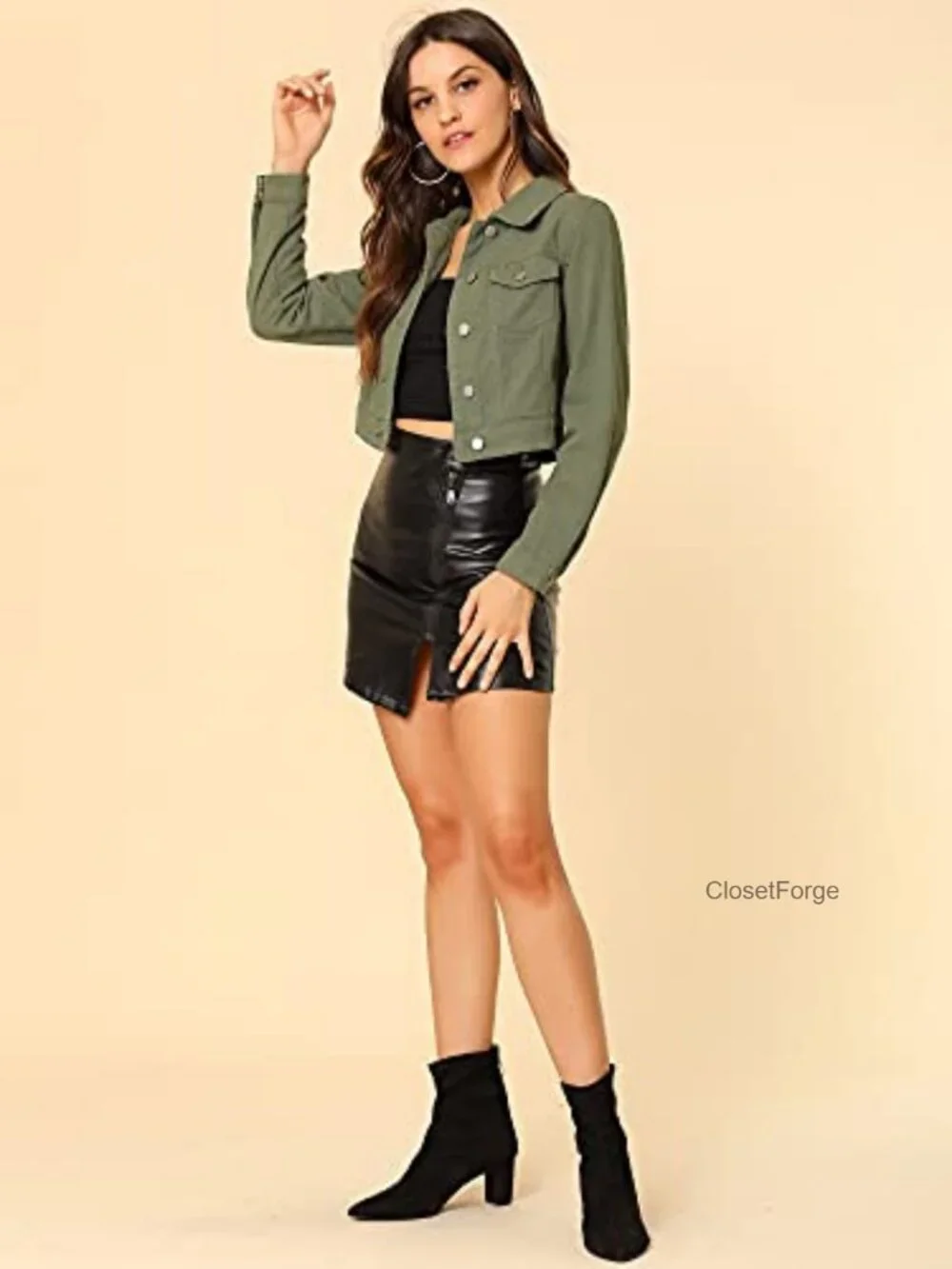 Cotton Denim Cropped Jacket Button Down Gingham Patchwork